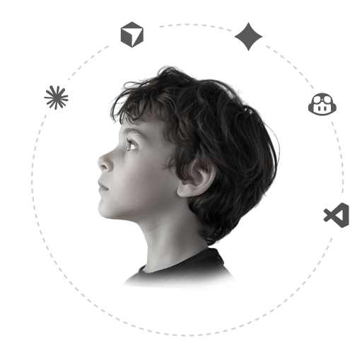 A child looking upward, encircled by the logos of AI tools that support the skill